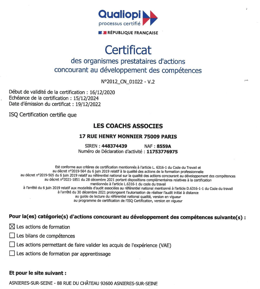 certification Qualiopi Les coachs Associés